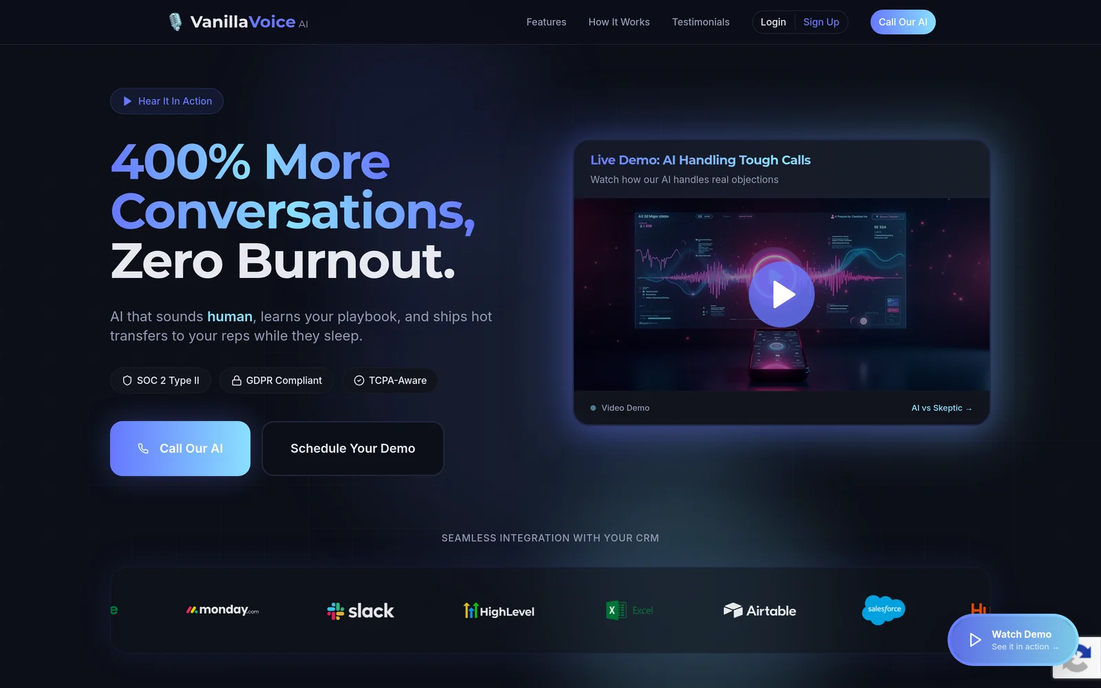 VanillaVoice AI website